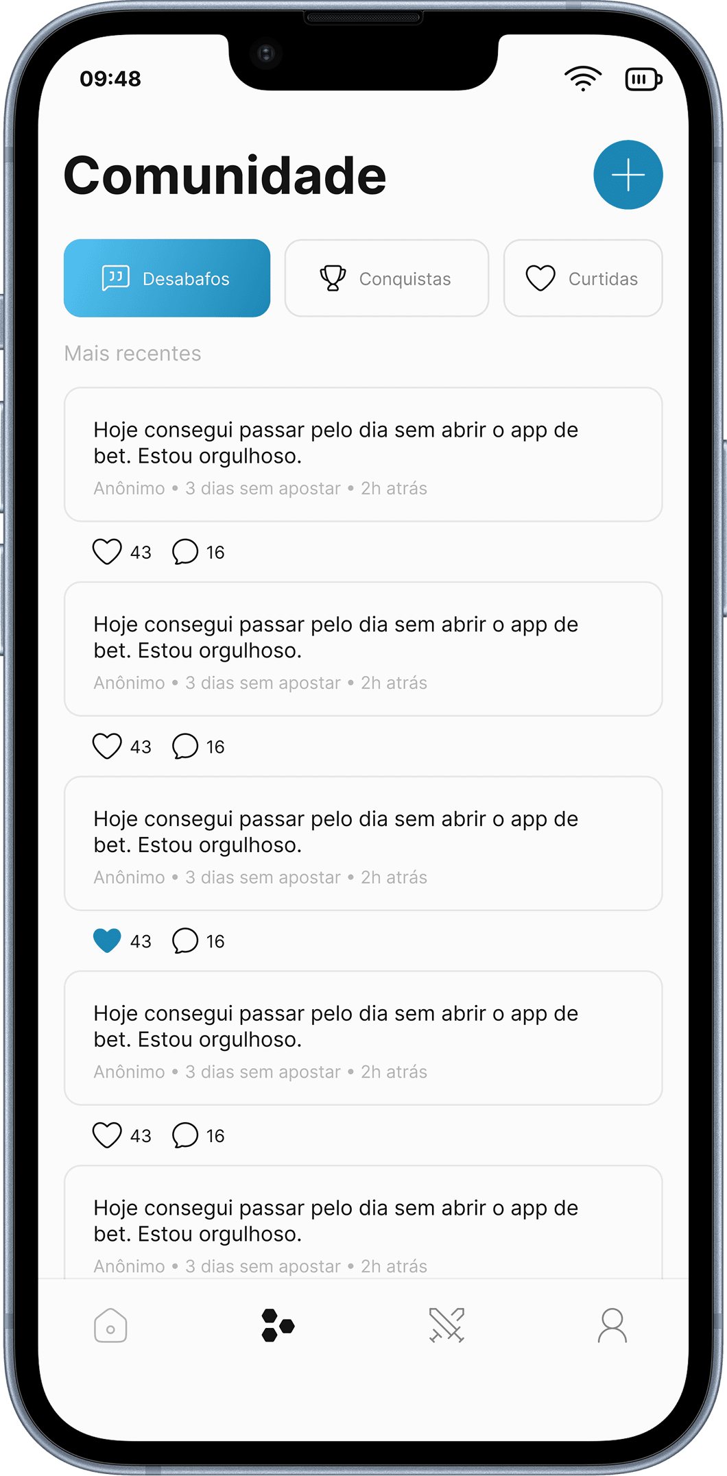Tela Comunidade: feed anônimo de desabafos