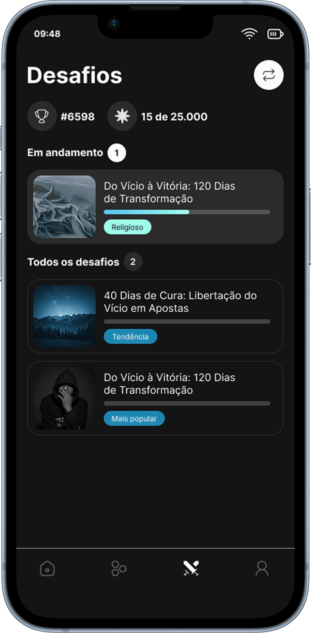 Tela Desafios com as jornadas em andamento