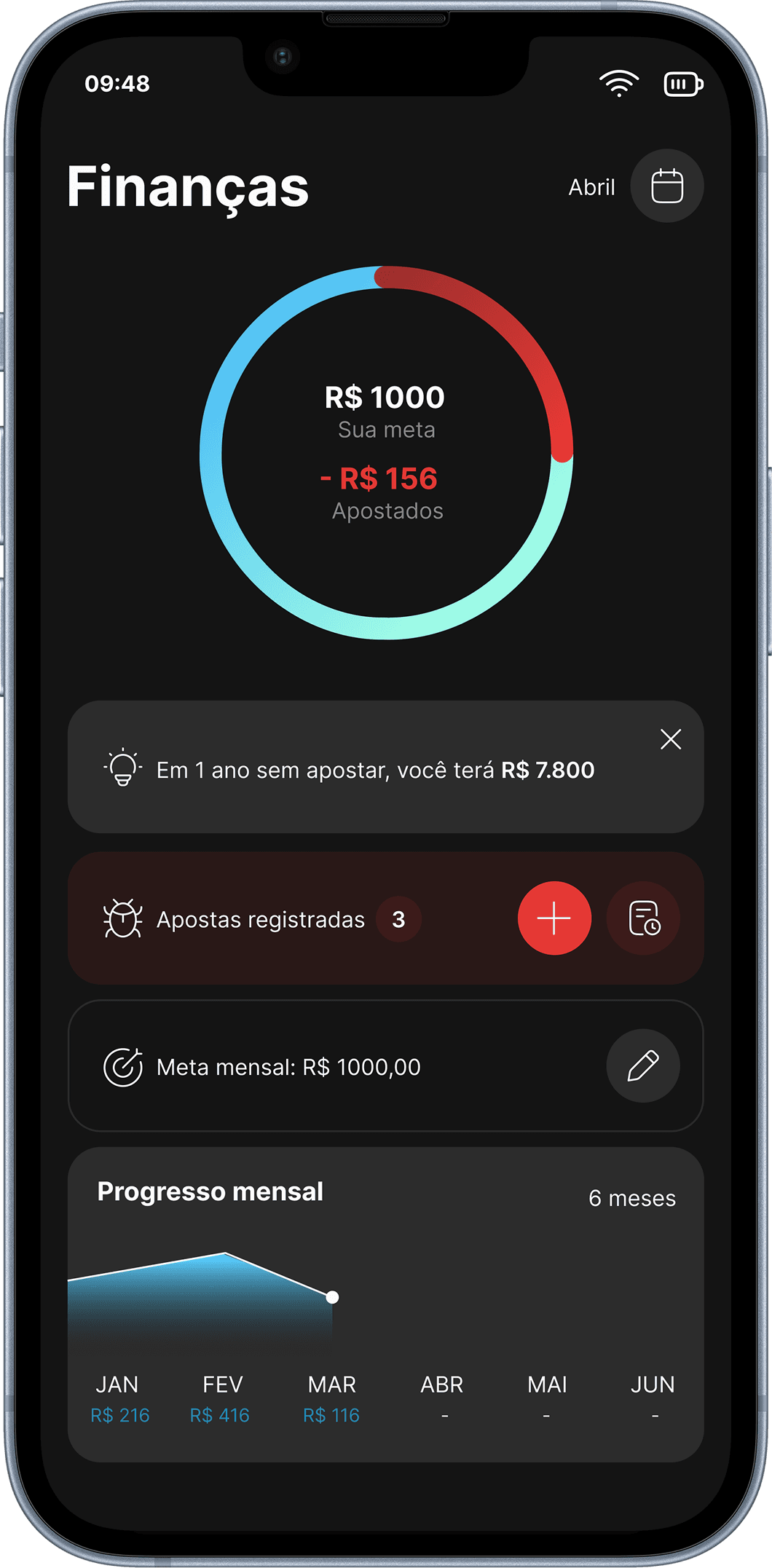 Tela Finanças com meta mensal e progresso de economia